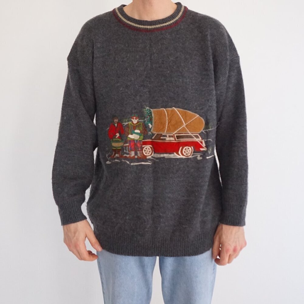 Vintage Style House Gray Novelty Canoe Car Scenic Intarsia Wool Knit Sweater L
